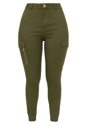 Olivengroene cargobroek met een hoge taille, ritssluitingen op de zakken en geribde boorden. Gemaakt van een glad, rekbaar stof voor comfort.