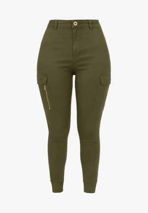 Olivengrønne cargobukser med høj talje, lynlåslommer og ribben ved manchetterne. Fremstillet af et glat, strækbart stof for komfort.