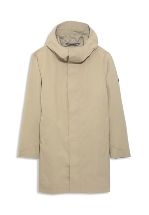 Manteau long imperméable beige avec un col haut, fermetures pression, poches latérales et une silhouette droite. Texture lisse, design minimaliste.