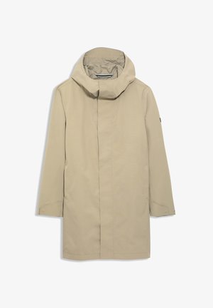 Beige waterproof long coat with a high collar, snap closures, side pockets, and a straight silhouette. Smooth texture, minimalist design.