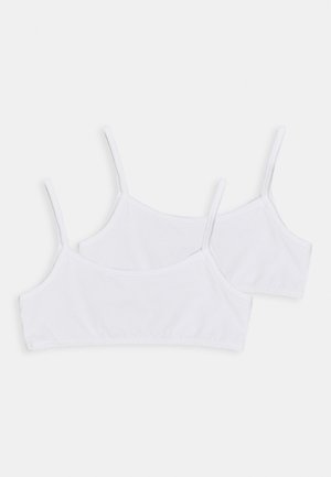 Braletes brancos de algodão com alças ajustáveis, apresentando um design simples e uma textura suave. Dois tamanhos estão incluídos no par.