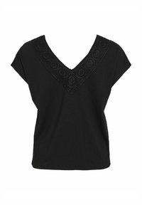 Top nero a V con maniche corte, caratterizzato da ricami circolari testurizzati lungo il colletto, realizzato in tessuto leggero.