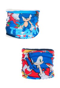 Wielokolorowy kominiarka z miękką, ciepłą podszewką, z wzorem w stylu komiksu przedstawiającym postacie z gry Sonic oraz wyraźnym napisem "TEAM SONIC".