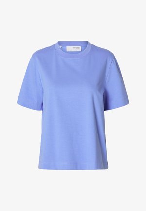 Gaiši violets īsās piedurknes T-krekls, izgatavots no mīksta kokvilnas. Apkakle ir apaļa, ar brīvu piegriezumu un smalku šuvju gar malām.