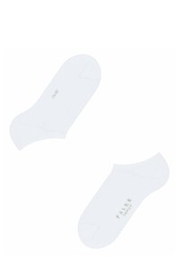Weiße Knöchelsocken aus weichem Stoff. Mit abgerundeten Kanten, minimalistischem Design und bedrucktem "FALKE FAMILY"-Logo in Grau.
