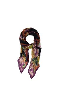 Écharpe plissée colorée avec des motifs floraux et abstraits dans des tons de violet, noir, orange, vert et jaune, disposée en boucle.