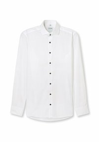 Weiße Langarmbluse mit klassischem Kragen, ausgestattet mit acht dunkelbraunen Knöpfen, glatter Textur und abgerundetem Saum.