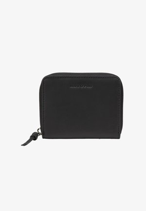 Black leather wallet with zip closure, rectangular shape, and embossed logo on the front. Smooth texture and minimalistic design.