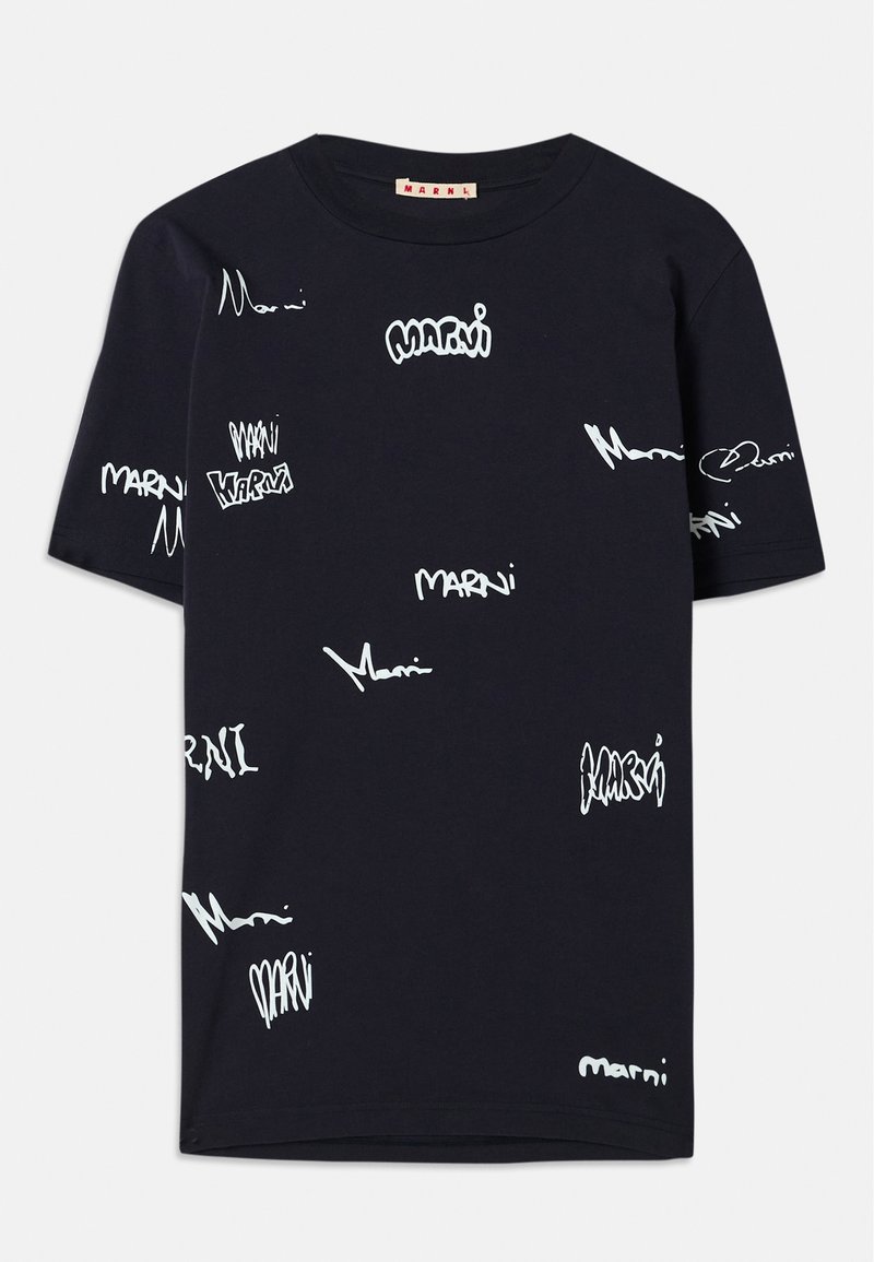 Camiseta de algodón negra con logotipos "Marni" escritos a mano en blanco de varios tamaños repartidos por toda la tela, cuello redondo y mangas cortas.