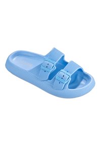Light blue slide sandal made of textured rubber, featuring two adjustable buckled straps and a contoured footbed for comfort.