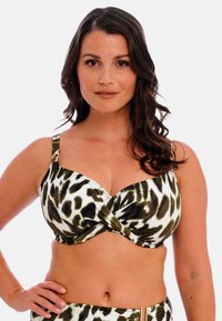 Bikini top met dierenprint, voorzien van een gedraaide voorkant, verstelbare bandjes, overwegend wit met donkere bruine en groene accenten.