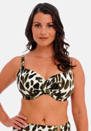 Top de bikini con estampado de animal que presenta un diseño frontal retorcido, tirantes ajustables, predominantemente blanco con acentos en marrón oscuro y verde.