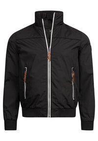 Black bomber jacket with a high collar, front zipper, and brown leather pull tabs. Features side pockets and ribbed cuffs and hem.