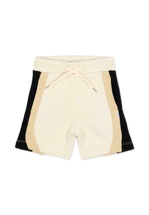 Pantaloncini beige corti con pannelli laterali neri e color cuoio, vita elastica e coulisse frontale.