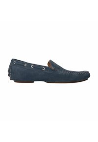 Blauwe suède instappers met contrasterende tan accenten, slip-on ontwerp, ronde neus, zijgrommetdetails en platte rubberen zool.