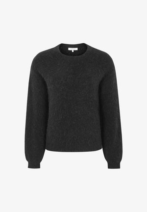 Črna pulover iz mehkega, teksturiranega materiala; z okroglo izreza in dolgimi, rahlo napihnjenimi rokavi. Brez vidnih vzorcev ali kovinskih dodatkov.