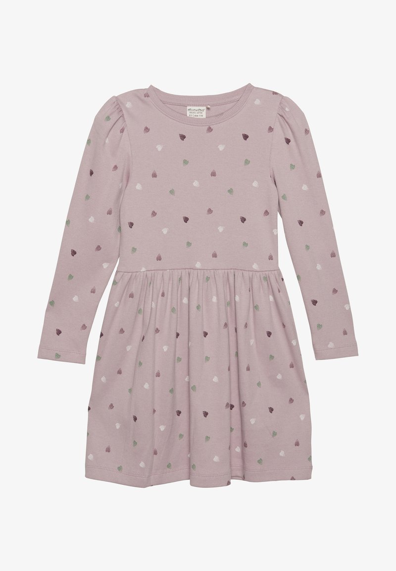 Robe longue manches enfants lilas avec taille froncée et petits cœurs dispersés en blanc, vert et violet foncé.