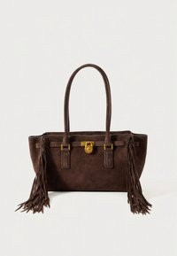 Brown suede handbag with two handles, gold hardware, and side tassels. Rectangular shape with a textured surface and minimal design.