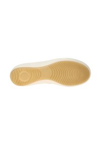 Gummisneaker-Sohle in Weiß und Beige. Gerilltes Muster für Traktion, mit einem kreisförmigen Logodetail in der Mitte. Glatte Struktur mit abgerundeten Kanten.