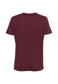 T-shirt a maniche corte color bordeaux, collo rotondo, in morbido cotone, design semplice senza grafiche o decorazioni, vista posteriore mostrata.