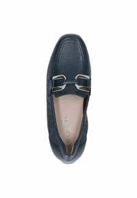 Tumed nahk loaferid, millel on tekstureeritud pind ja hõbedased aktsendid. Siseosa on heledat värvi koos logo detailidega.