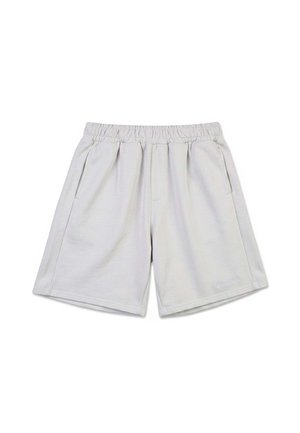 Hellgraue Shorts mit elastischem Bund, Seitentaschen und einem dezenten Logo nahe dem unteren Saum am rechten Bein.