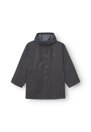 Schwarze wasserdichte Jacke mit Kapuze, Druckknöpfen und zwei Fronttaschen. Sie hat eine lockere Passform und einen Kordelzug zur Verstellung des Verschlusses.