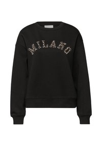 Sudadera negra con puños y dobladillo acanalados. "MILANO" impreso en letras con estampado de leopardo en un diseño curvado en el frente. Material de mezcla de algodón.
