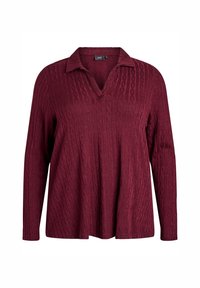 Maglione a maniche lunghe in verde bordeaux, lavorato a maglia, con motivi a treccia verticali testurizzati e un colletto morbido con apertura a V.