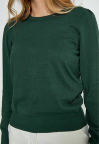 Pull en tricot vert avec un col rond, des manches longues et un ourlet côtelé. Le tissu semble doux et a une texture lisse.
