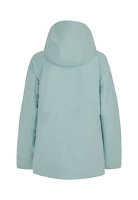 Světle modrá voděodolná bunda s kapucí, která má hladkou texturu, dlouhé rukávy a mírně zakřivený spodní lem na zadní straně.