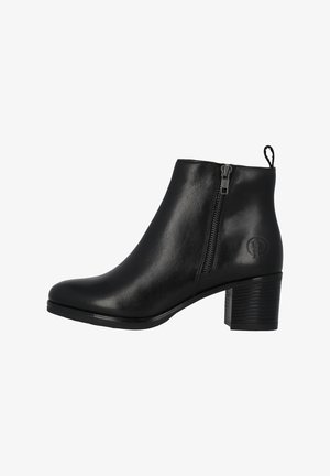 Black leather ankle boot with a rounded toe, side zipper, and textured block heel. Features a small logo on the outer side.