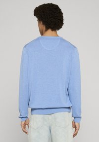 Jasnoniebieski sweter z długimi rękawami, okrągłym dekoltem i prążkowanymi mankietami. Miękka faktura i jednolity odcień na całej tkaninie.