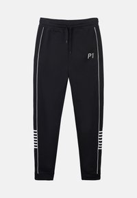 Zwarte sweatpants van zacht materiaal, met witte zijstrepen en het "P1" logo op de voorkant. Elastische tailleband met trekkoord.