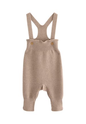 Beige knitted baby overalls with shoulder straps and two wooden buttons on the front waistband.