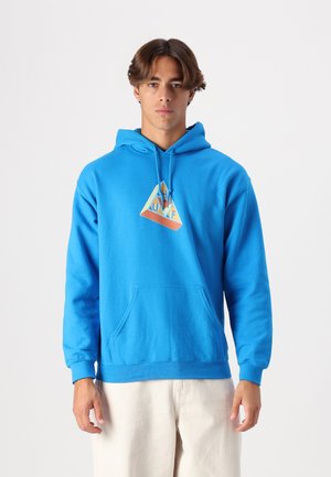 Blue hooded sweatshirt made of cotton. Features a front kangaroo pocket and a triangular graphic logo in orange and yellow on the chest.