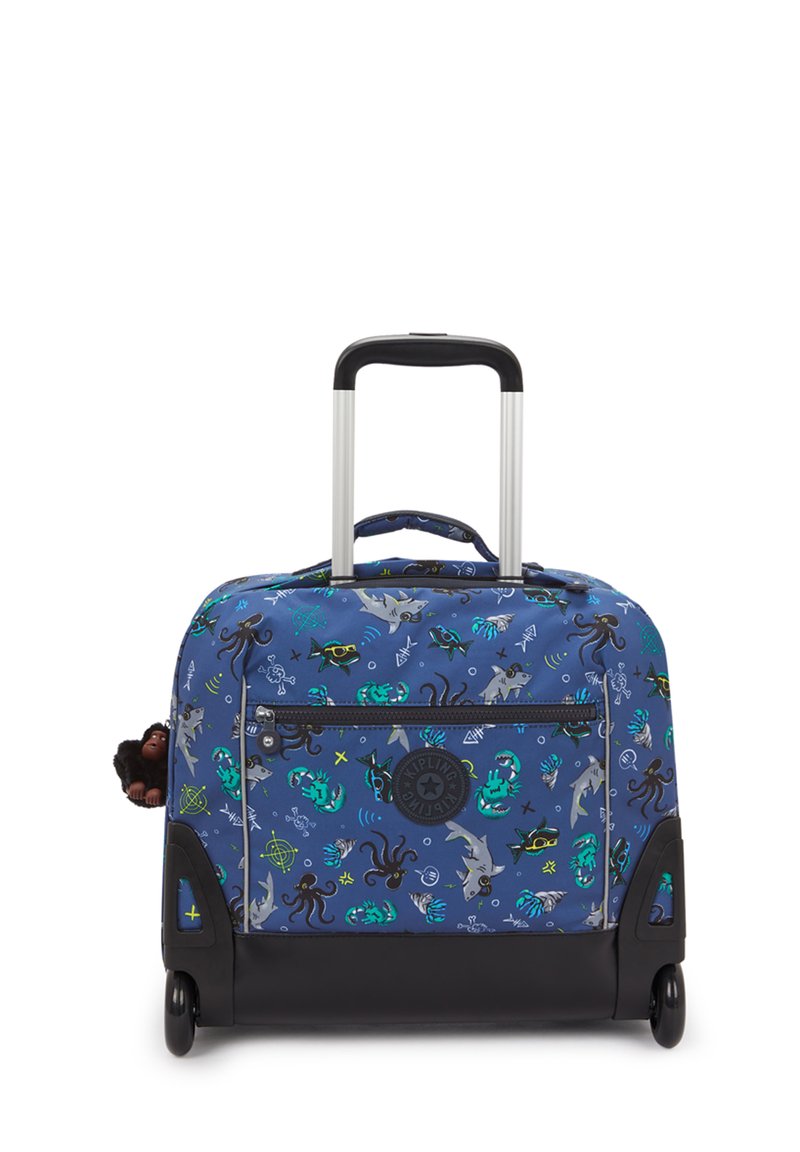 Rolling suitcase in blue fabric with multicolored aquatic-themed patterns. Features black accents, retractable handle, and wheels.