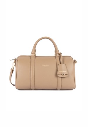 Beige leather handbag with a structured design, dual top handles, removable shoulder strap, and a small attached tag with gold accents.