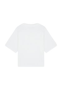 T-shirt bianco a maniche corte con scollatura rotonda e vestibilità rilassata. Design semplice, senza motivi o accessori visibili. Texture liscia.