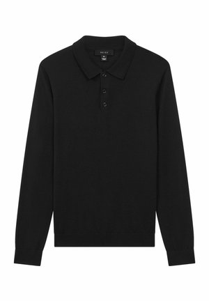 Polo shirt nero a maniche lunghe in tessuto morbido, con colletto classico e patta con tre bottoni. Design semplice con polsini a costine.