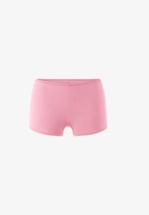 Shorts en tissu stretch rose avec un design taille basse, sans coutures et d'une texture lisse. Idéal pour le confort et un usage quotidien.