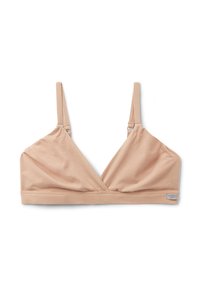 Nude triangle bralette made from soft fabric, featuring slim adjustable straps, a smooth texture, and a stitched band along the bottom.