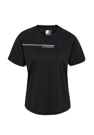 Zwarte sport t-shirt met korte mouwen, gemaakt van ademend materiaal, met een witte accentlijn en logo op de borst. Eenvoudig, modern ontwerp.