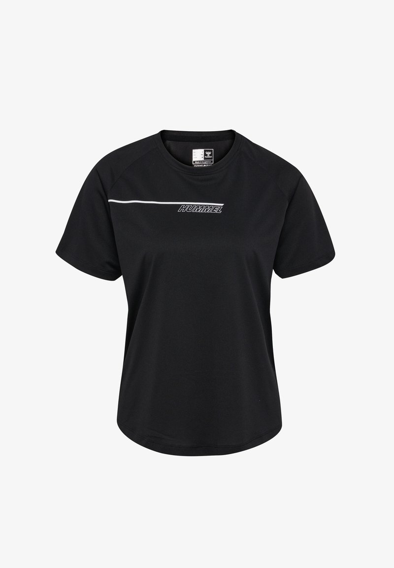 Czarny sportowy t-shirt z krótkim rękawem wykonany z oddychającego materiału, z białą linią akcentującą i logo na klatce piersiowej. Prosty, nowoczesny design.