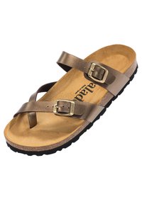 Brune to-straps sandal med justerbare spænder, korksål, struktureret gummisål og flad design til casual brug.