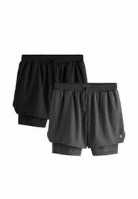 Sorte og mørkegrå atletikshorts med elastisk taljebånd, snøre og indvendig for, med let og glat tekstur.
