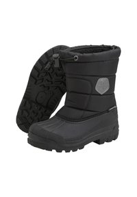 Svarta isolerade snöboots med en vadderad ovandel, texturerad gummisula, justerbar dragsko och en logotyp på sidan.