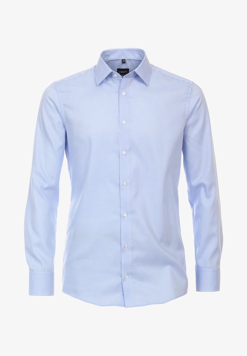 Jasnoniebieska, kraciasta koszula z długim rękawem, kołnierzykiem i prostym krojem. Posiada małe, białe guziki z przodu.