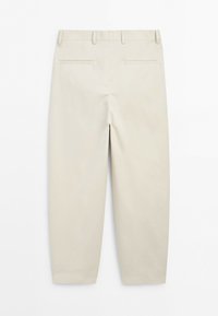 Beige straight-leg trousers with belt loops and two back welt pockets, shown from the rear on a white background.