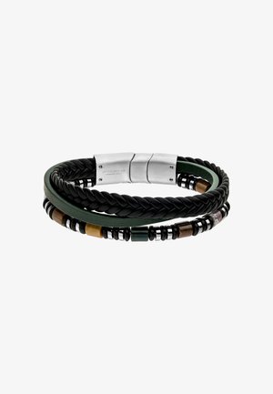 Geflochtenes Lederarmband in Schwarz und Grün, mit einem Verschluss aus Edelstahl, dekorativen Perlen in Schwarz, Braun und Grün sowie einer strukturierten Oberfläche.